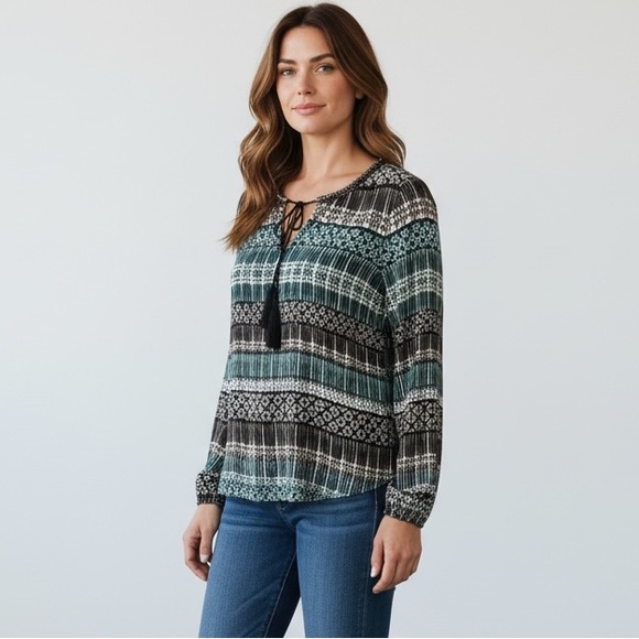 Rose & Olive Tops - Rose & Olive Women's Green Brown Boho Tunic Top Shirt Paisley Tassels Size M